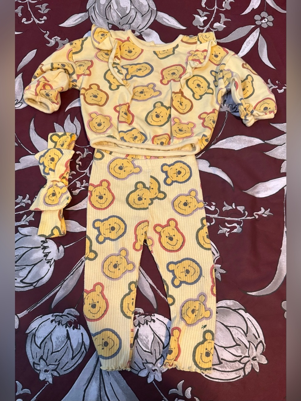 Yellow Bear-Print Kids Matching Set with Headband - Unbranded